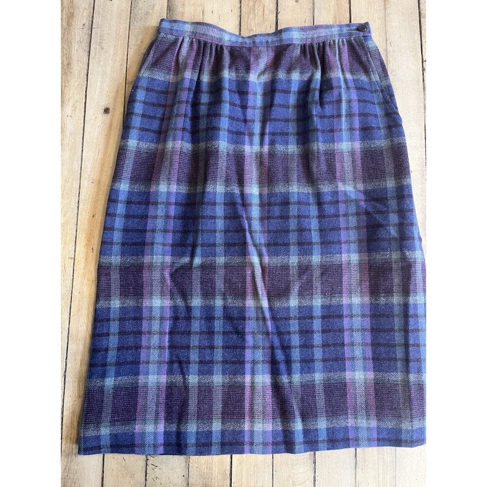 Vintage Pendleton Plaid Wool Skirt Petite Purple Blue Midi USA